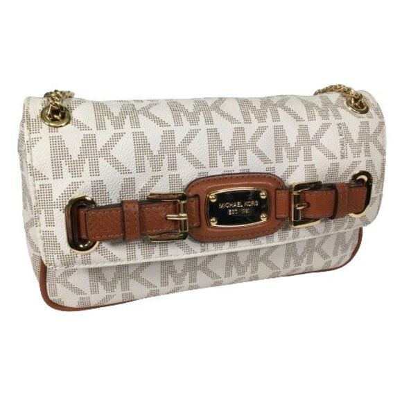 Michael Kors Hamilton Flap Vanilla Monogram Tan Leather Gold Chain Shoulder Bag - Picture 2 of 16